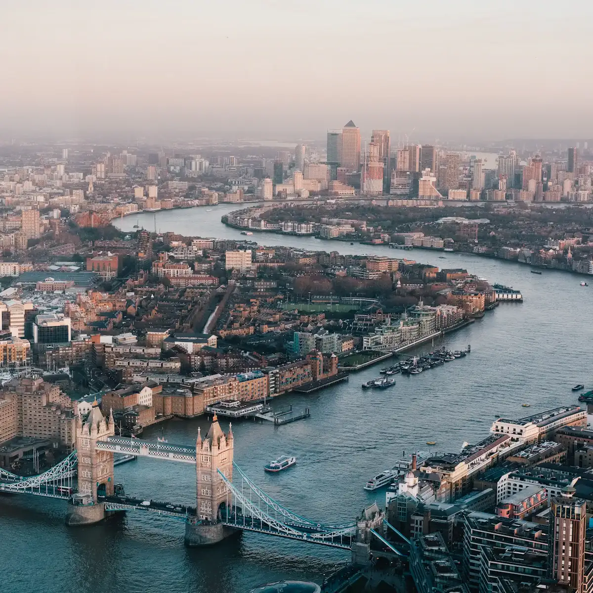 London skyline at dusk overlooking the Thames and the City
